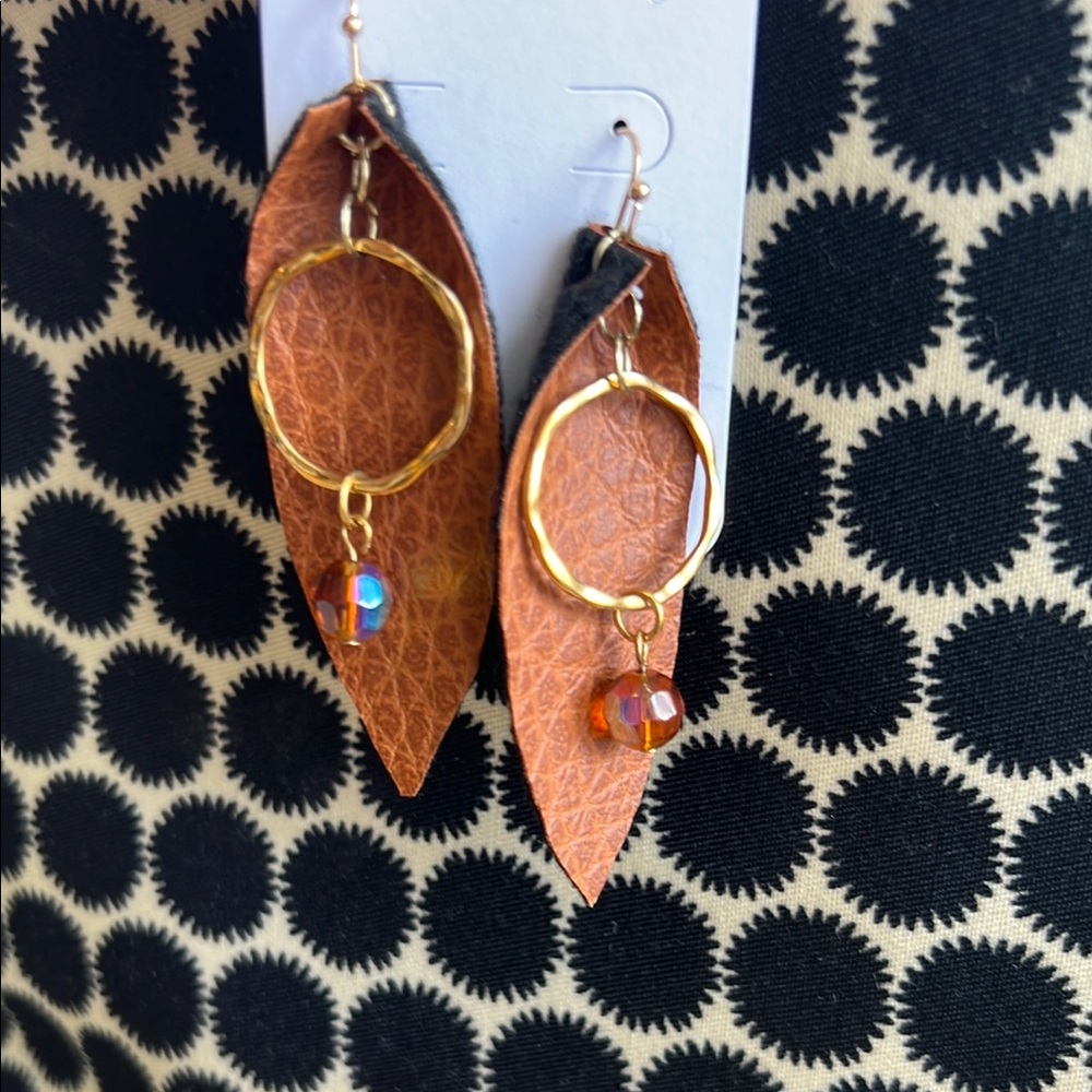 New Vegan Leather Dangle Leaf Design Hand Crafted Gold and Brown Earrings.